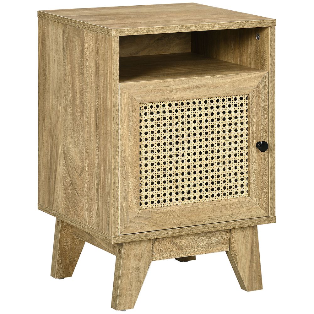 Natural Wood Effect Bedside Cabinet with Rattan Weave Panel