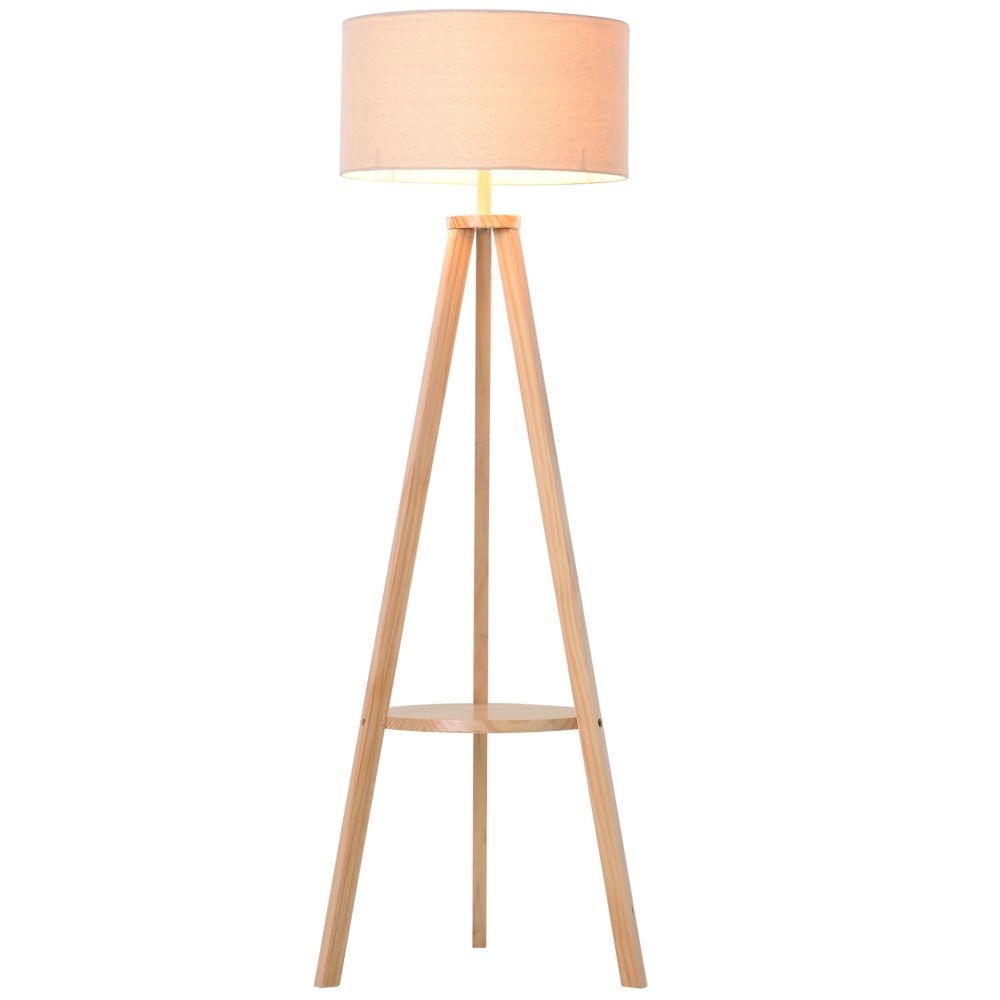 Natural Wood Tripod Floor Lamp with Cream Linen Shade