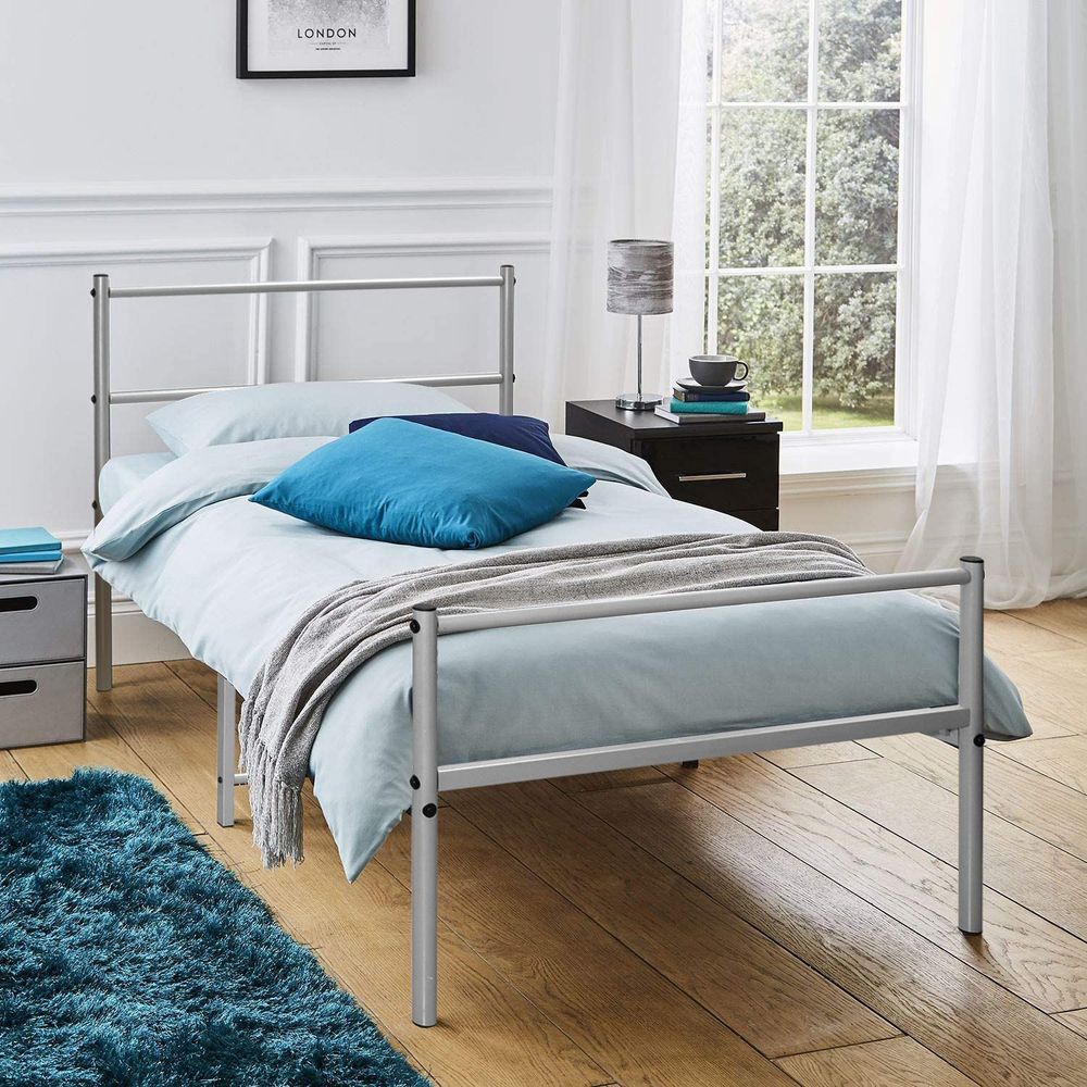 Extra Strong Single Silver Metal Bed Frame - 198cm x 93cm