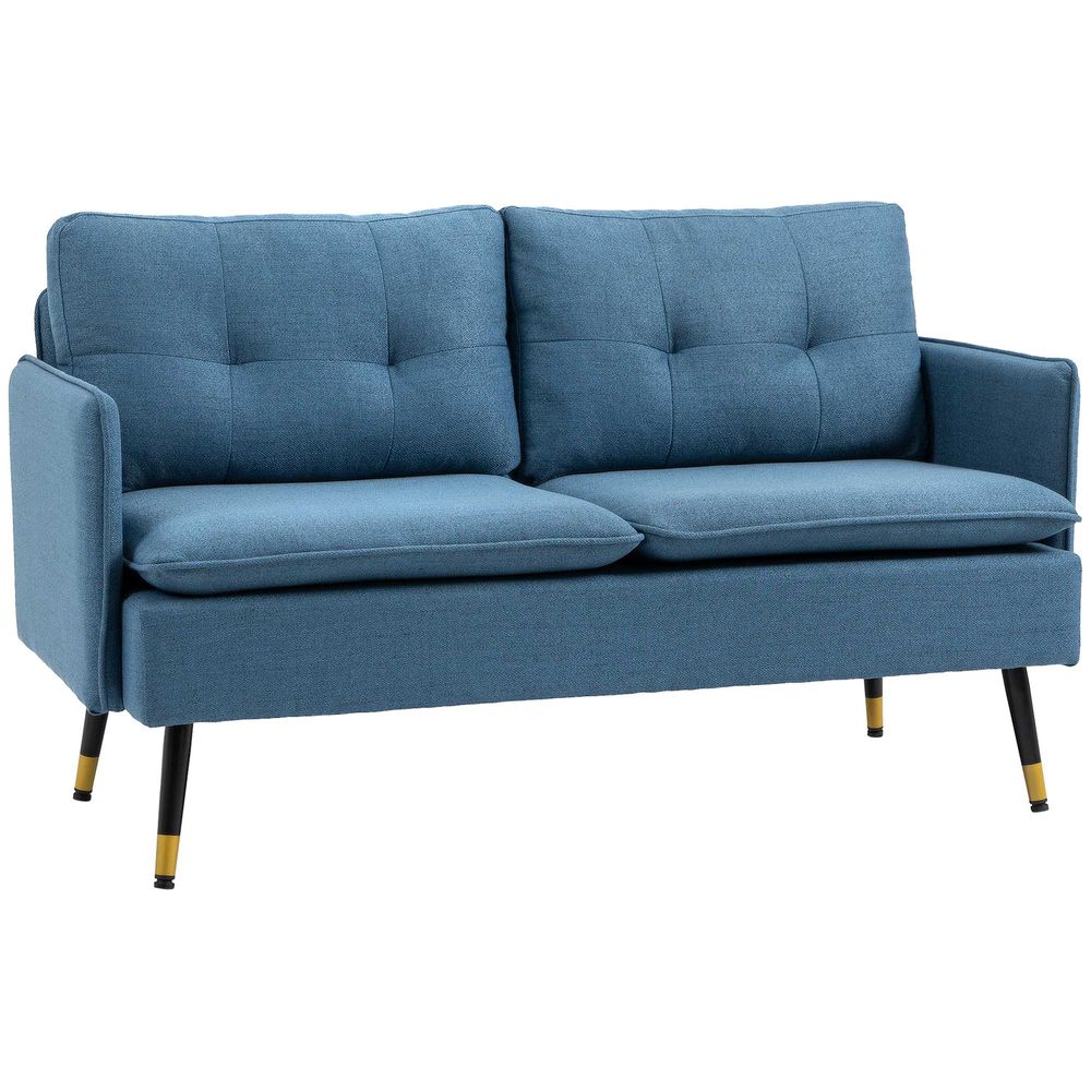 Contemporary 2 Seater Blue Fabric Button Sofa for Living Room