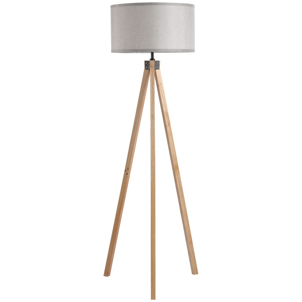 Elegant Wood Tripod Floor Lamp E27 Bulb - Linen Grey Shade