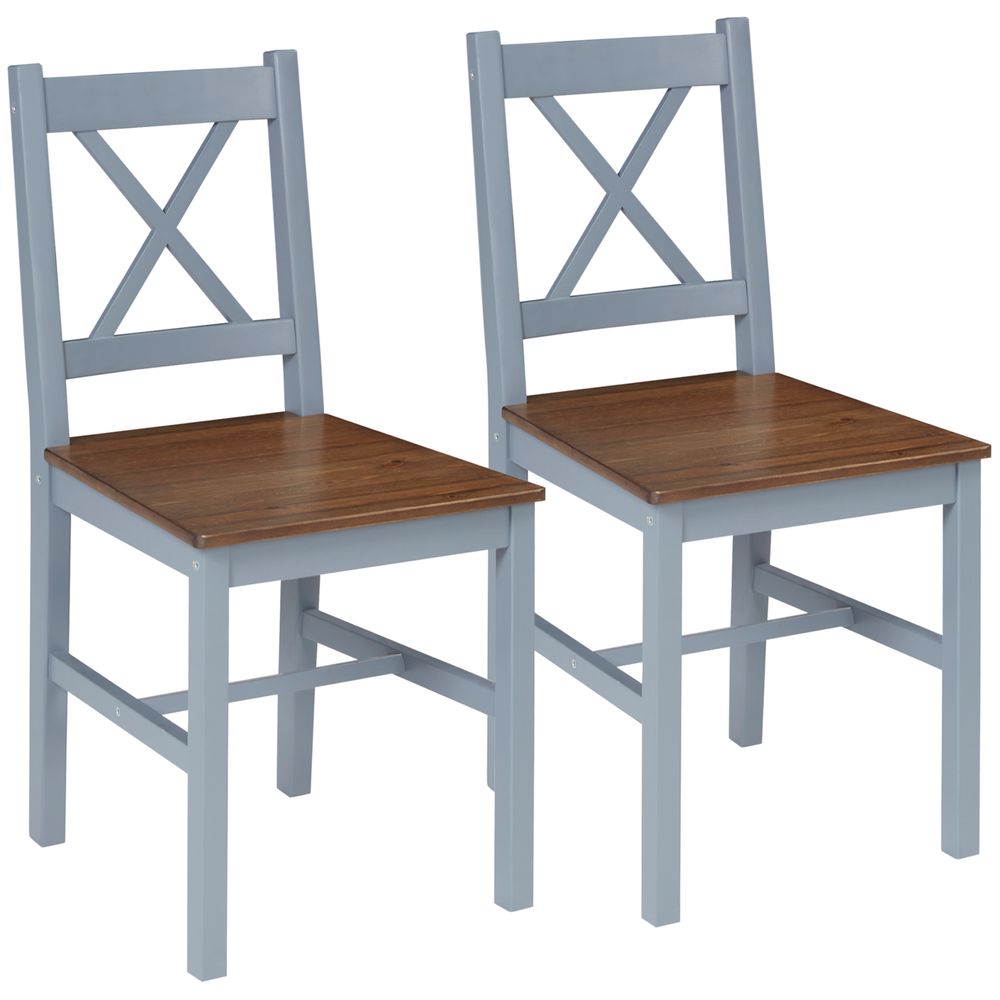 Set of 2 Grey Dining Chairs with Cross Backs and Wood Effect Seat