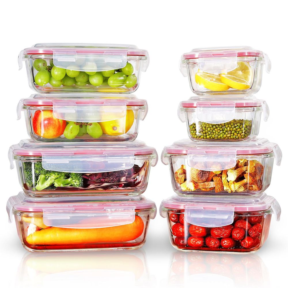 Vinsani 8 x Airtight Glass Containers for Food with Lids