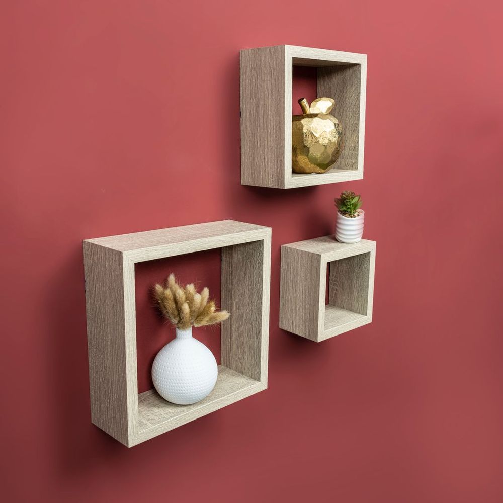 Chelf Set of 3 Oak Floating Cube Shelves