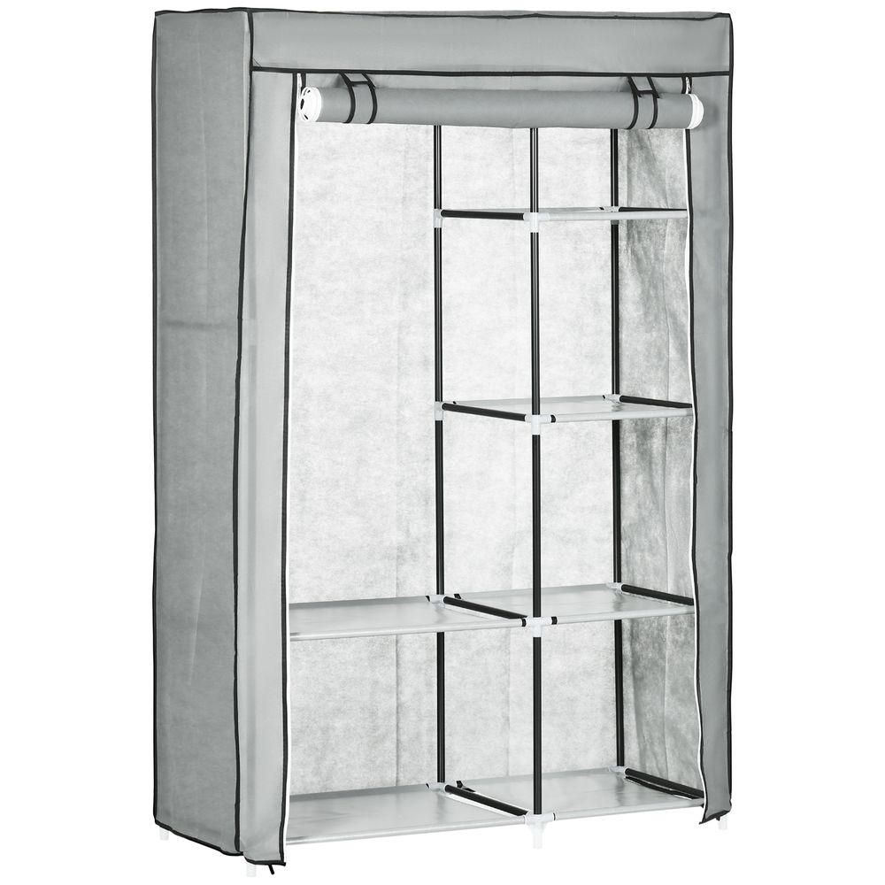 Portable Grey Fabric Wardrobe with 6 Shelves and Hanging Rail