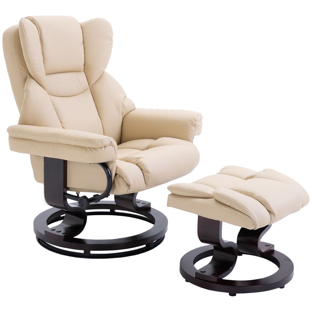 Padded Faux Leather Cream Reclining Armchair with Footstool
