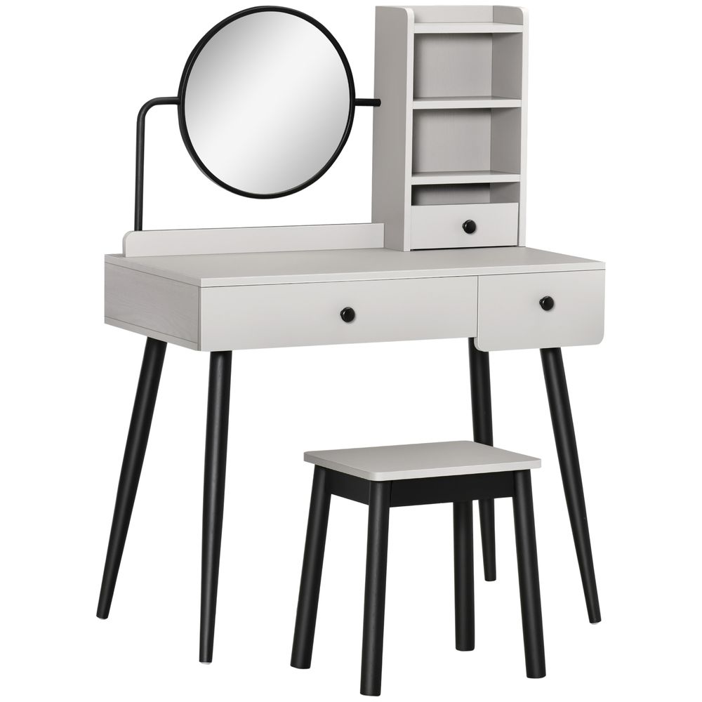 Black and Grey Dressing Table Set with 3 Drawers, Mirror, Storage and Stool