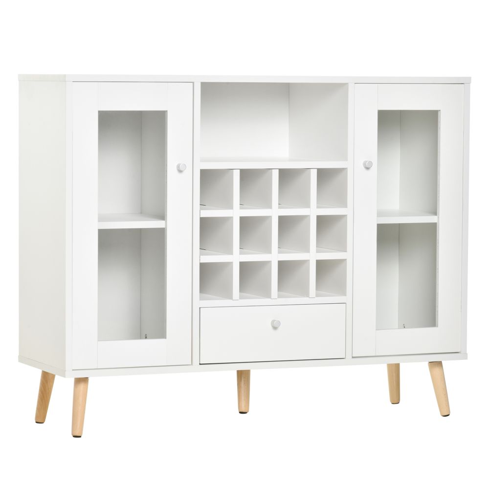 White Scandi Style Kitchen Cabinet with Wine Rack & Glass Doors