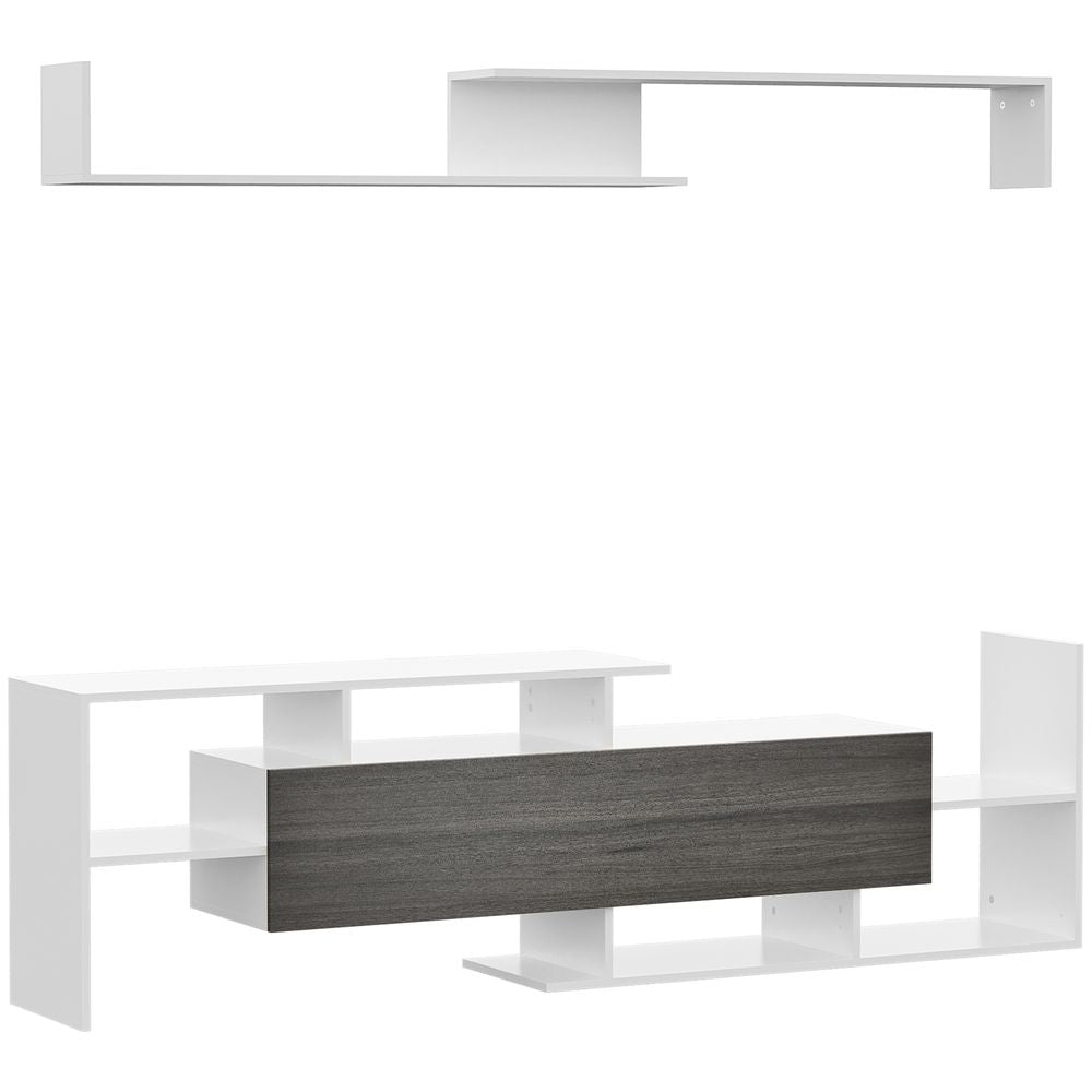 Modern White and Grey TV Unit with Wall-Mounted Shelf