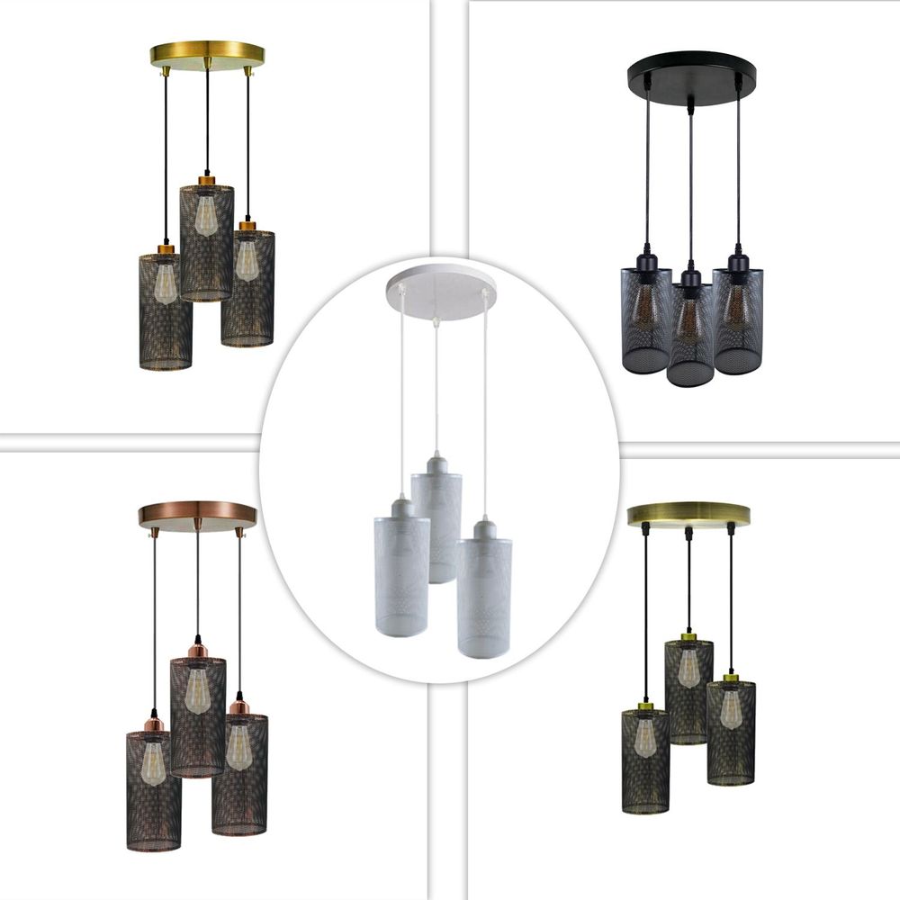 Industrial 3 Way Hanging Pendant Light - Metal Cage Shades