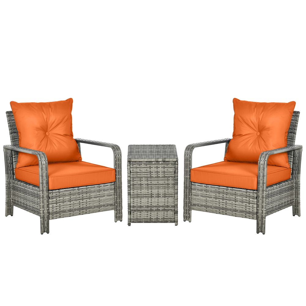 3pc PE Rattan Garden Set with 2 Chairs & Storage Table - Orange