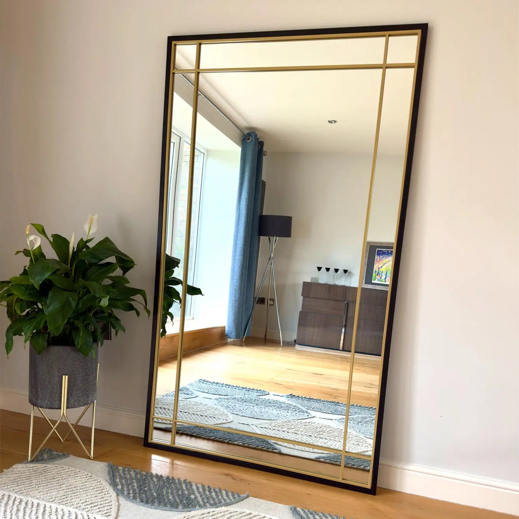 Aimi - Full Length Black & Gold Metal Rectangle Window Mirror - 180cm x 105cm