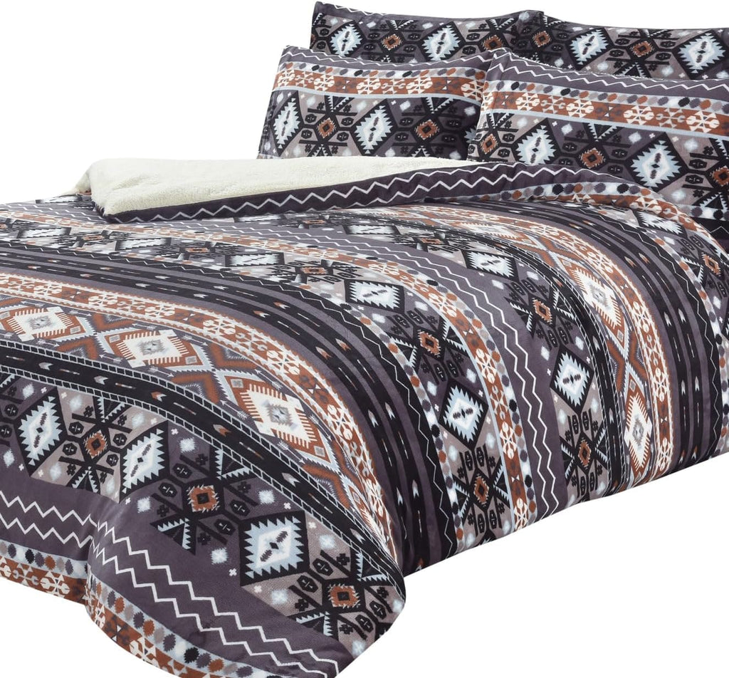 Olivia Rocco Aztec Print Teddy Fleece Duvet Set – Reversible Sherpa Fur