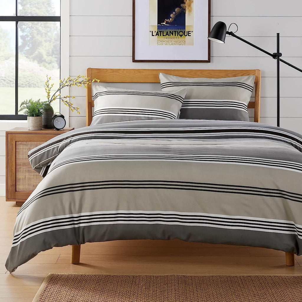 Olivia Rocco Harlow Grey Striped Reversible Quilted Duvet Cover Set