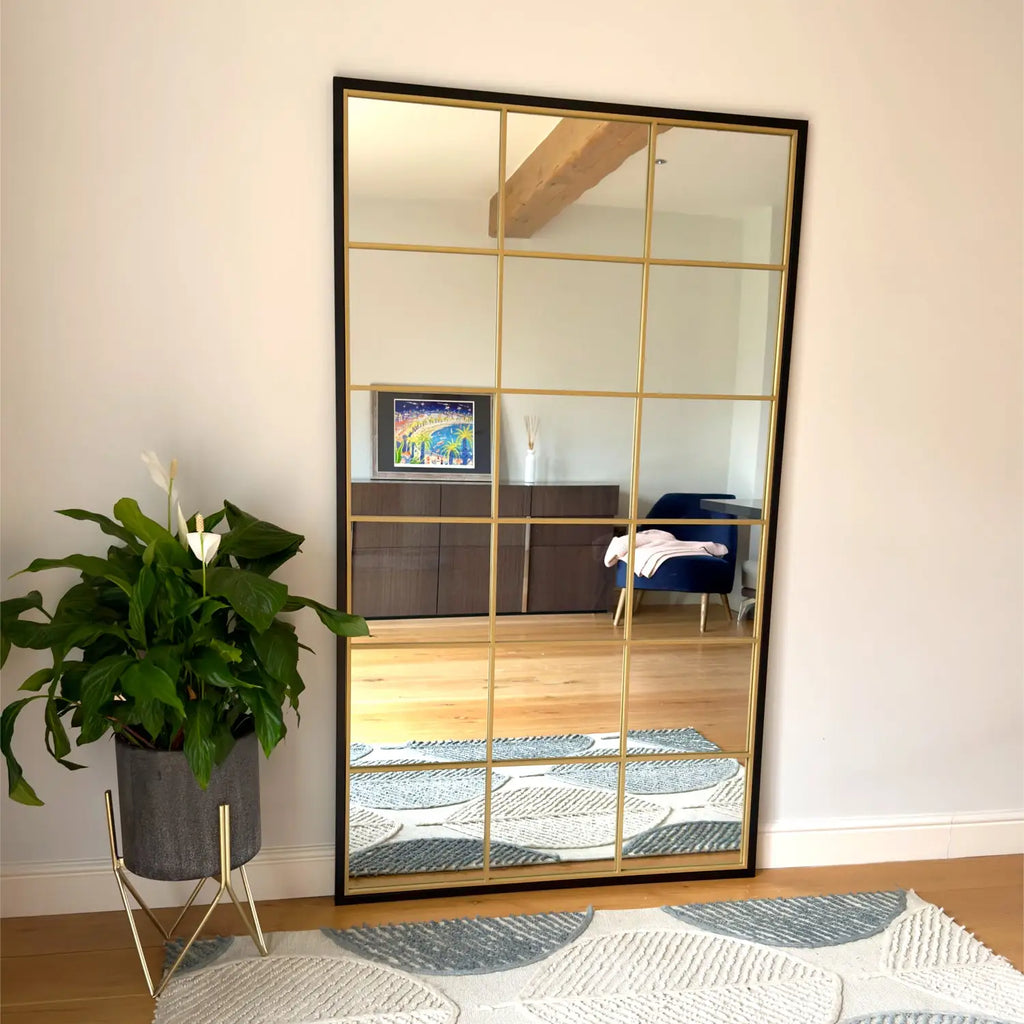Kyō - Full Length Black and Gold Metal Rectangle Lattice Grid Mirror - 180cm x 105cm