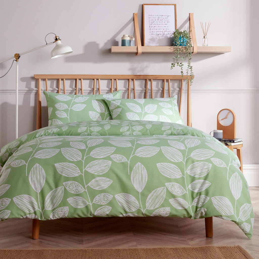 Olivia Rocco Leaf Print Reversible Cotton-Rich Duvet Cover & Pillowcase Set – Black & Grey