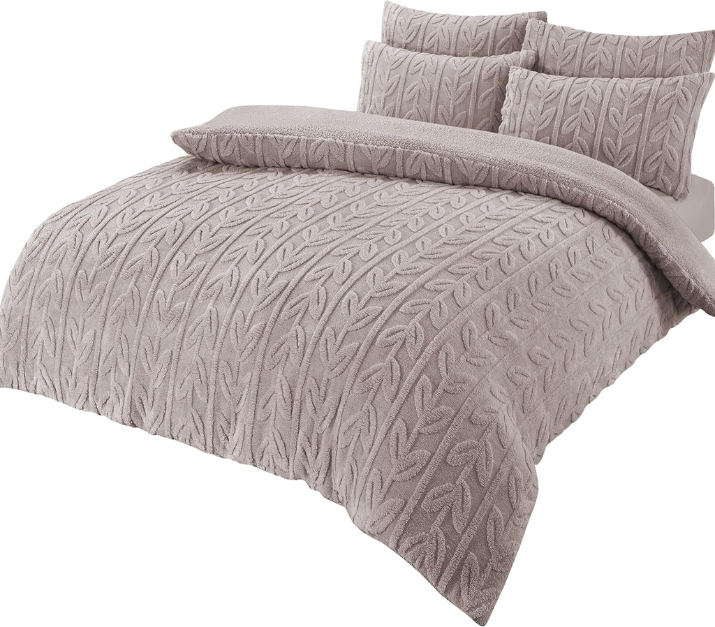 OLIVIA ROCCO Leaf Print Teddy Fleece Duvet Cover Set – Reversible Sherpa, Ultra‑Soft Winter Bedding