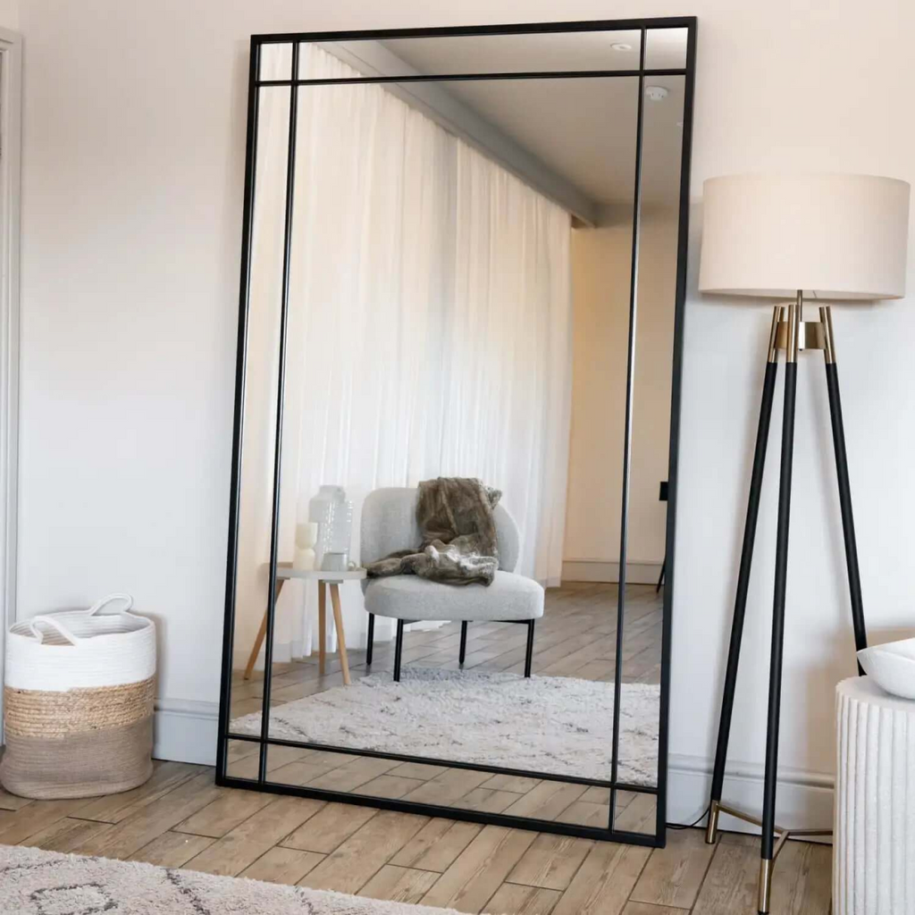 Full Length Black Metal Rectangle Window Mirror - 180cm x 105cm