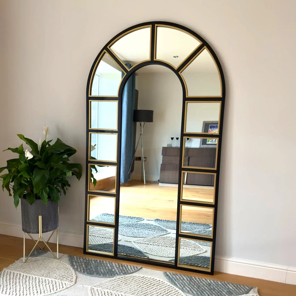 Mio - Full Length Black & Gold Metal Arched Window Mirror - 180cm x 105cm
