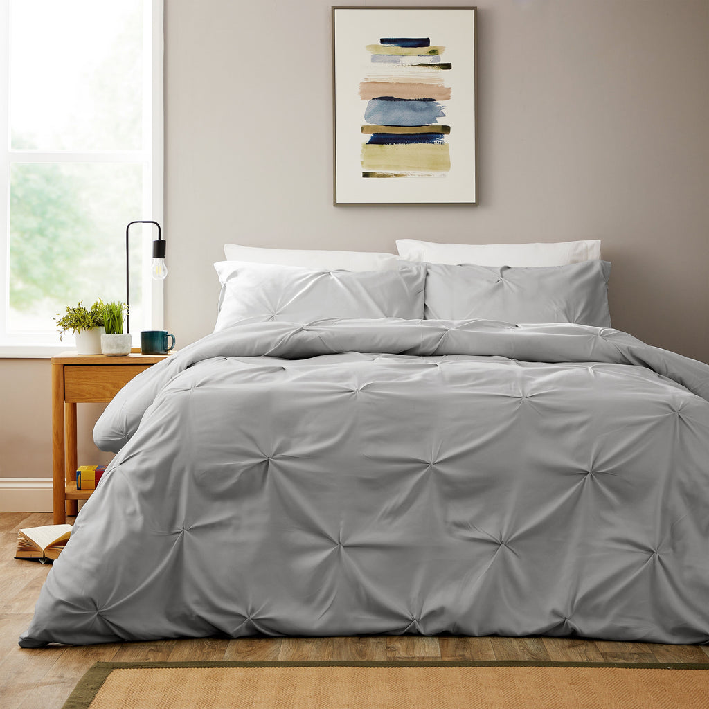 OLIVIA ROCCO Pintuck Grey Microfibre Duvet Cover Set with Pillowcases