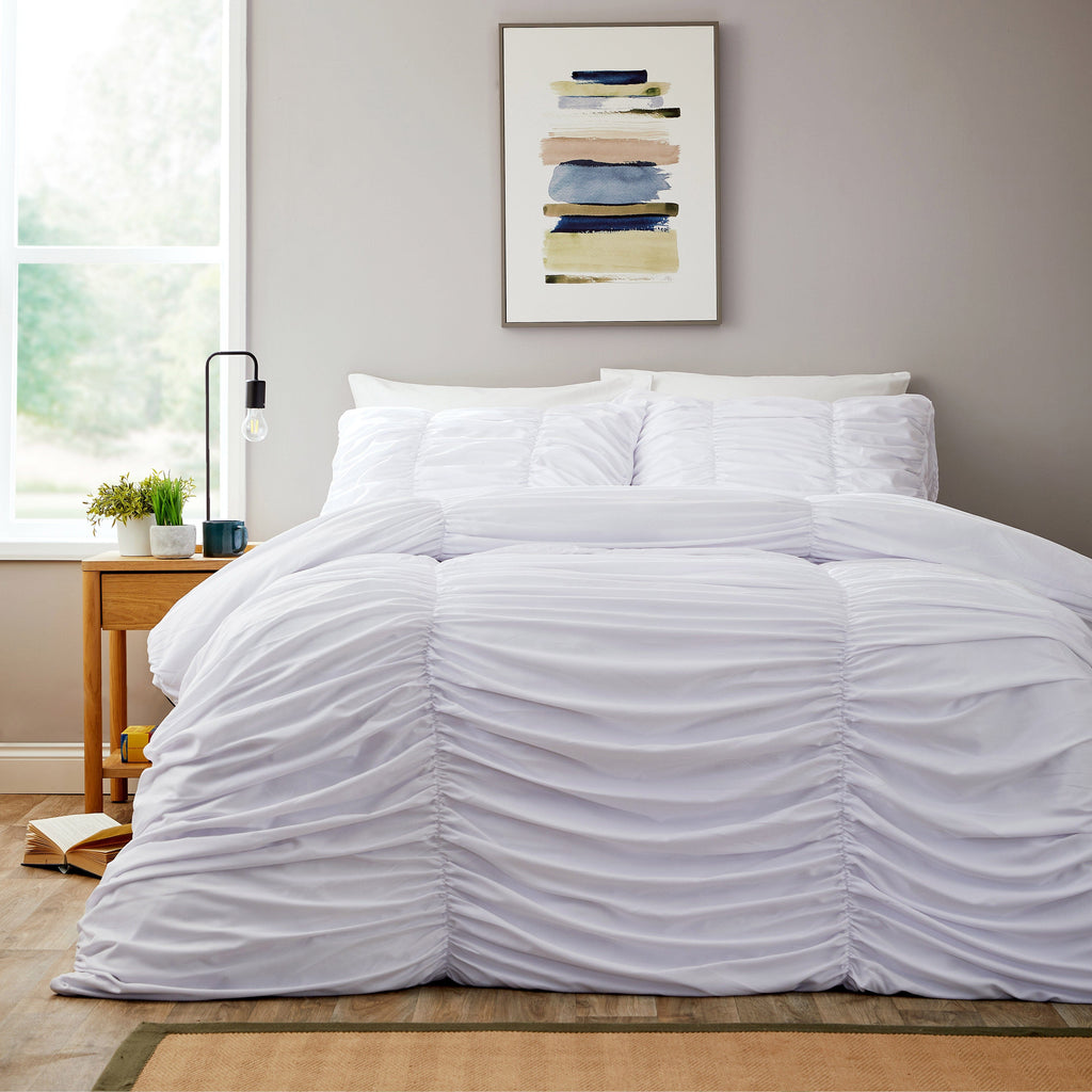 Olivia Rocco Ruched White Microfibre Duvet Cover & Pillowcase Set – Super Soft