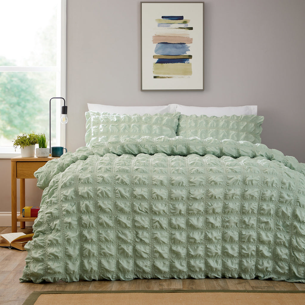 Olivia Rocco Soho Sage Green Microfibre Duvet Cover & Pillowcase Set – Quilted