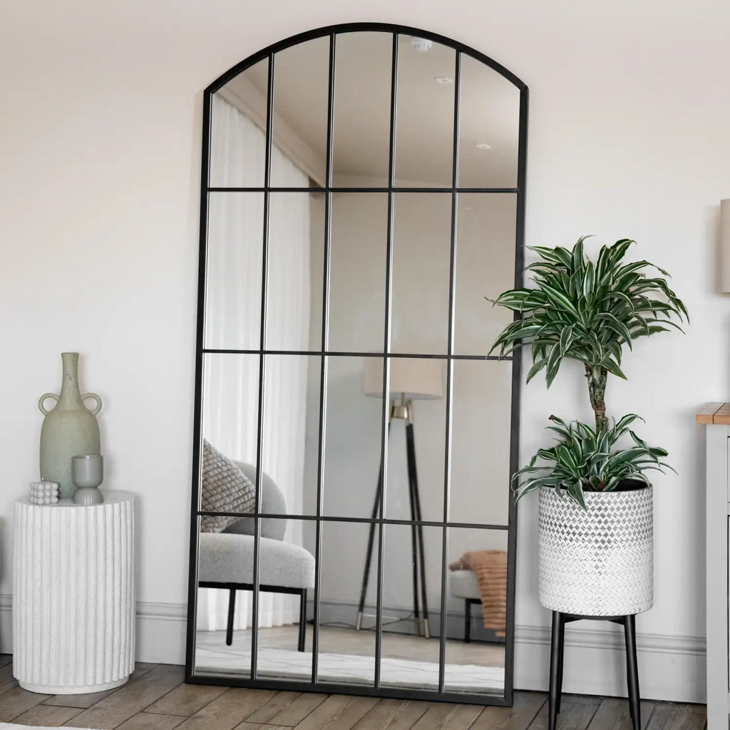 Tomi - Full Length Black Metal Arched Lattice Window Mirror - 150cm x 60cm