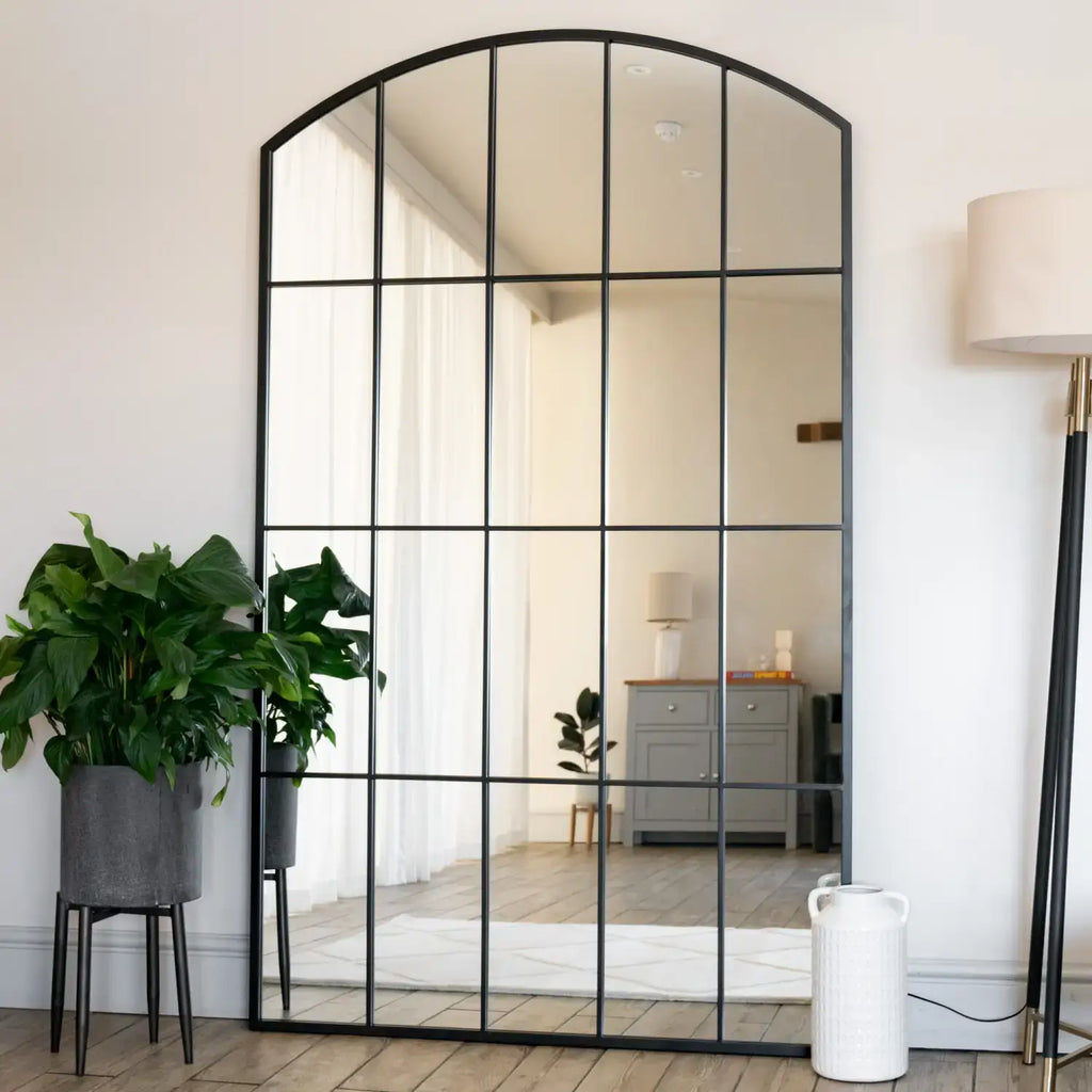 Tomi - Full Length Black Metal Arched Lattice Window Mirror - 180cm x 105cm
