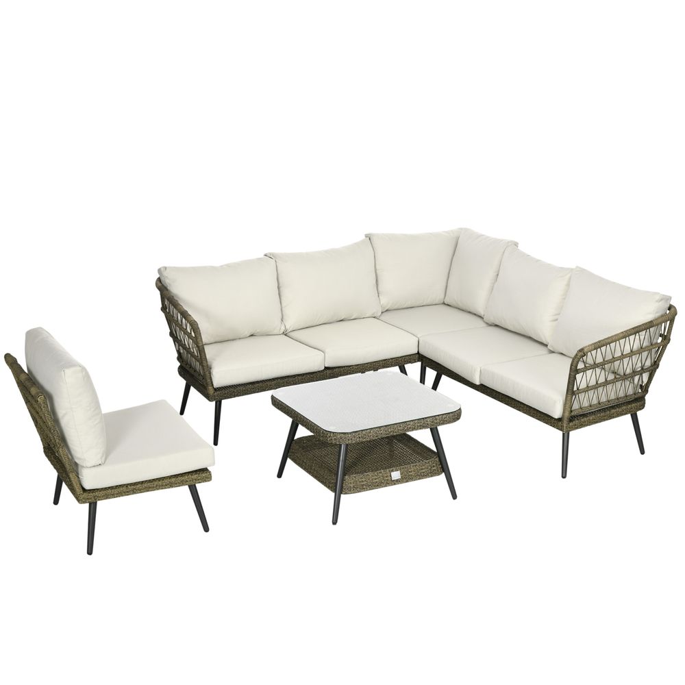 5-Piece Rattan Corner Sofa Furniture with Glass Top Two-Tier Table