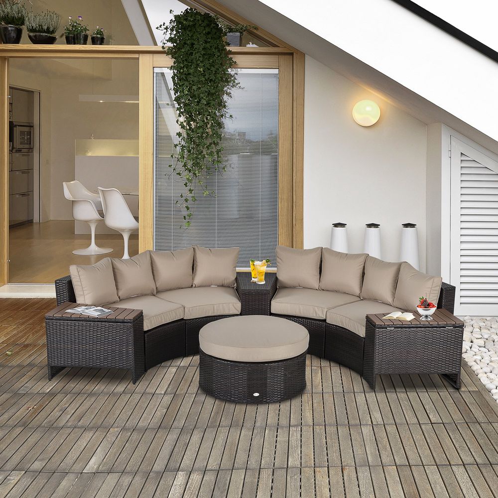 8-Piece Curved Rattan Sofa Set with Tables and Cushions