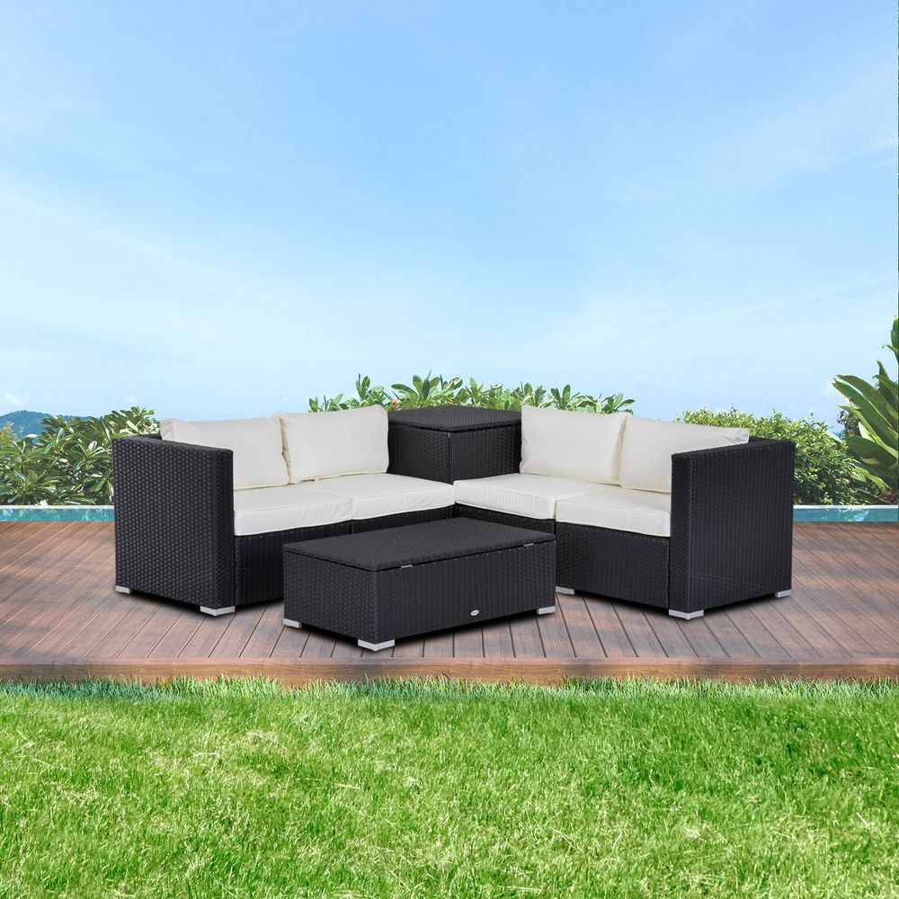 6-Piece Rattan Sofa Set with Cushions - Black & Beige