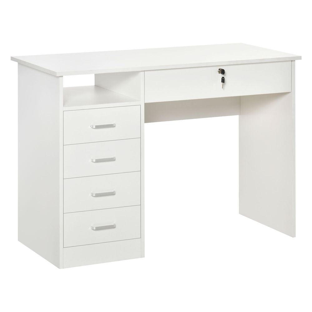 White Writing Desk with Drawers and Lockable Drawer