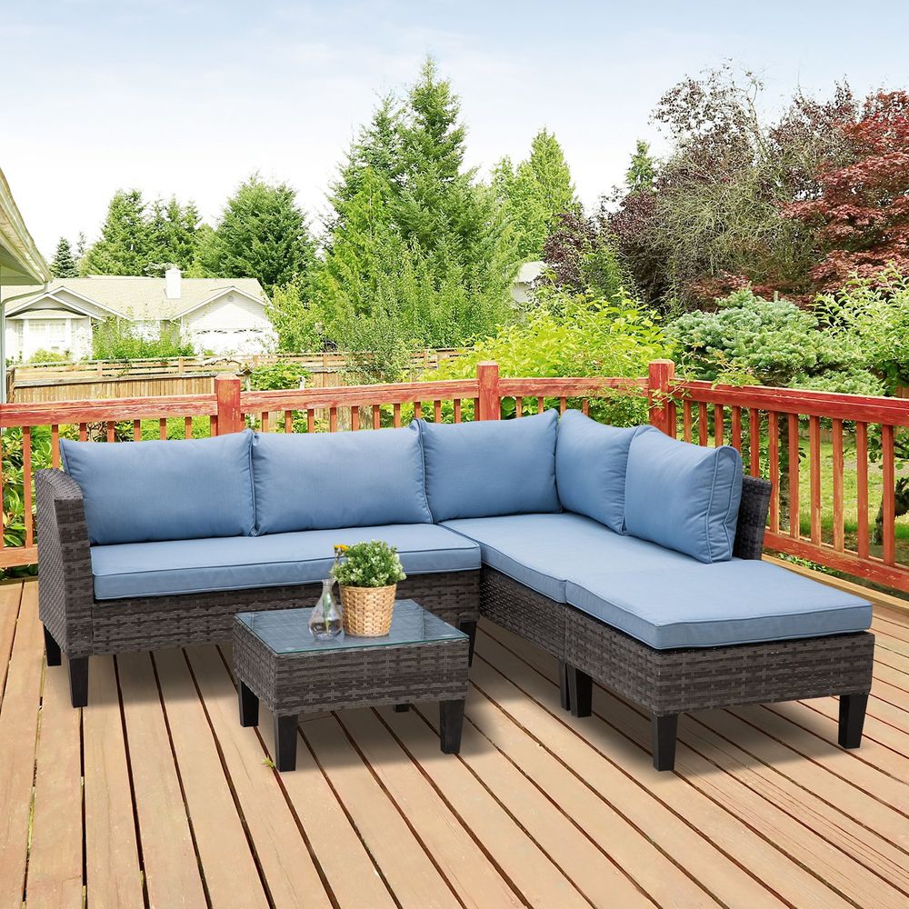 4-Seater PE Rattan Garden Furniture Set with Table - Blue
