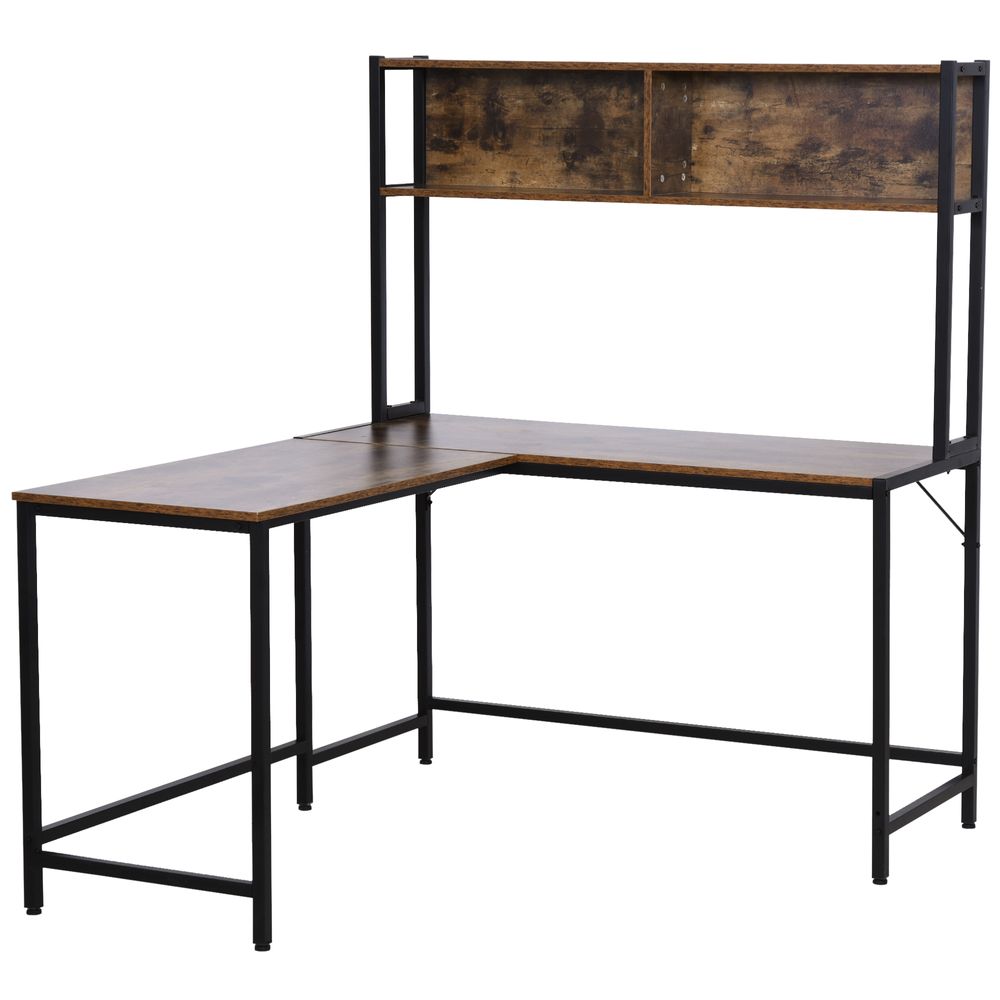 L-Shaped Industrial Corner Desk with Shelf - Brown & Black