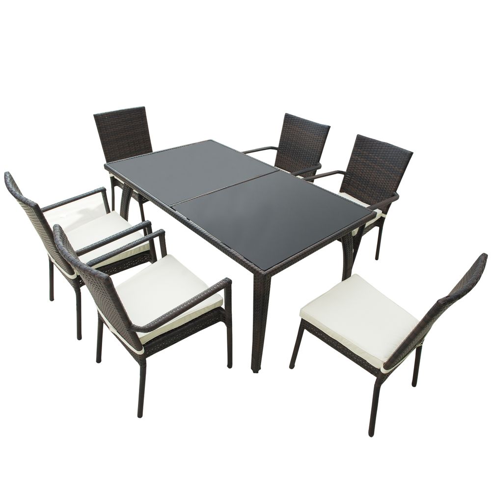 6-Seater Brown Rattan Dining Set with Tempered Glass Table