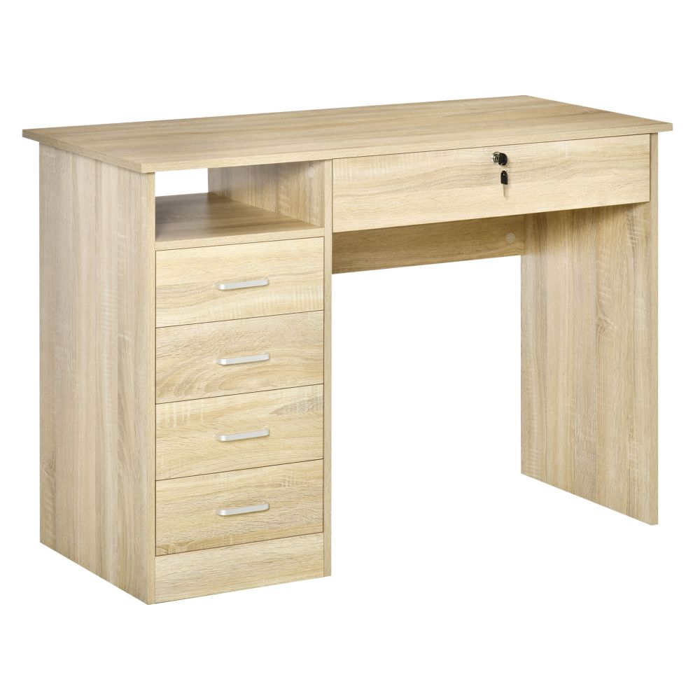 Oak Finish Computer or Office Desk with Five Drawers