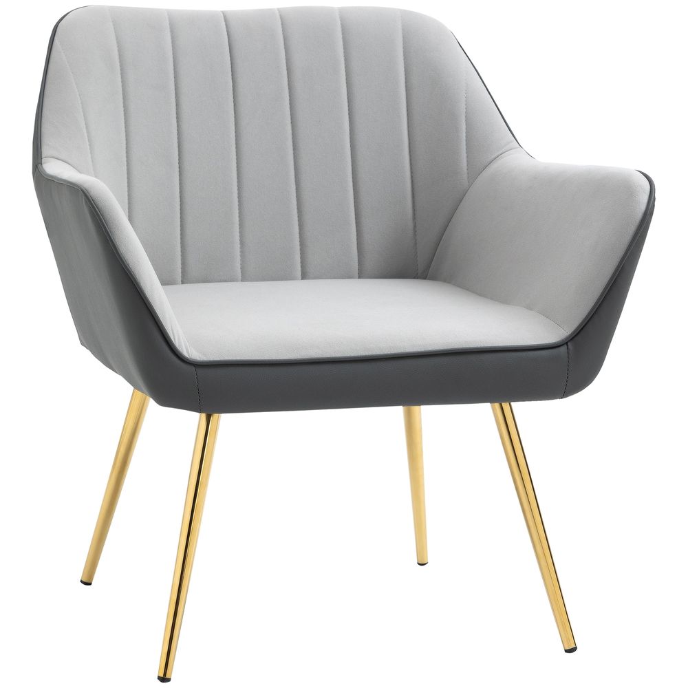 Stylish Grey Faux Leather & Velvet Armchair with Gold Legs