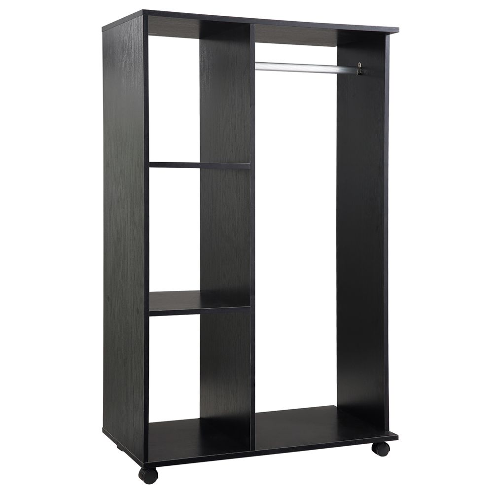 Solid Black Open Wardrobe with Hanging Rail and Storage Shelves