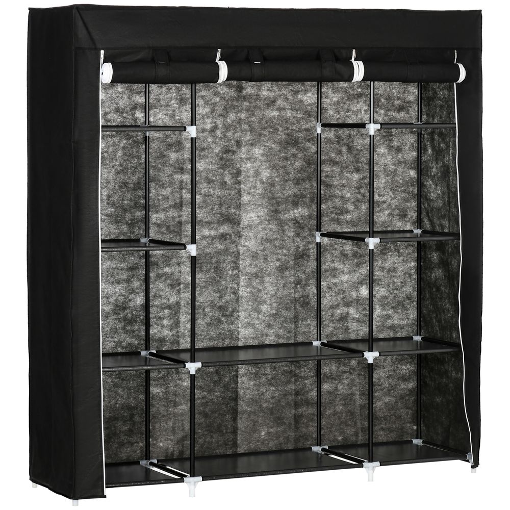 Black Fabric Foldable Wardrobe with 10 Shelves and Hanging Rail