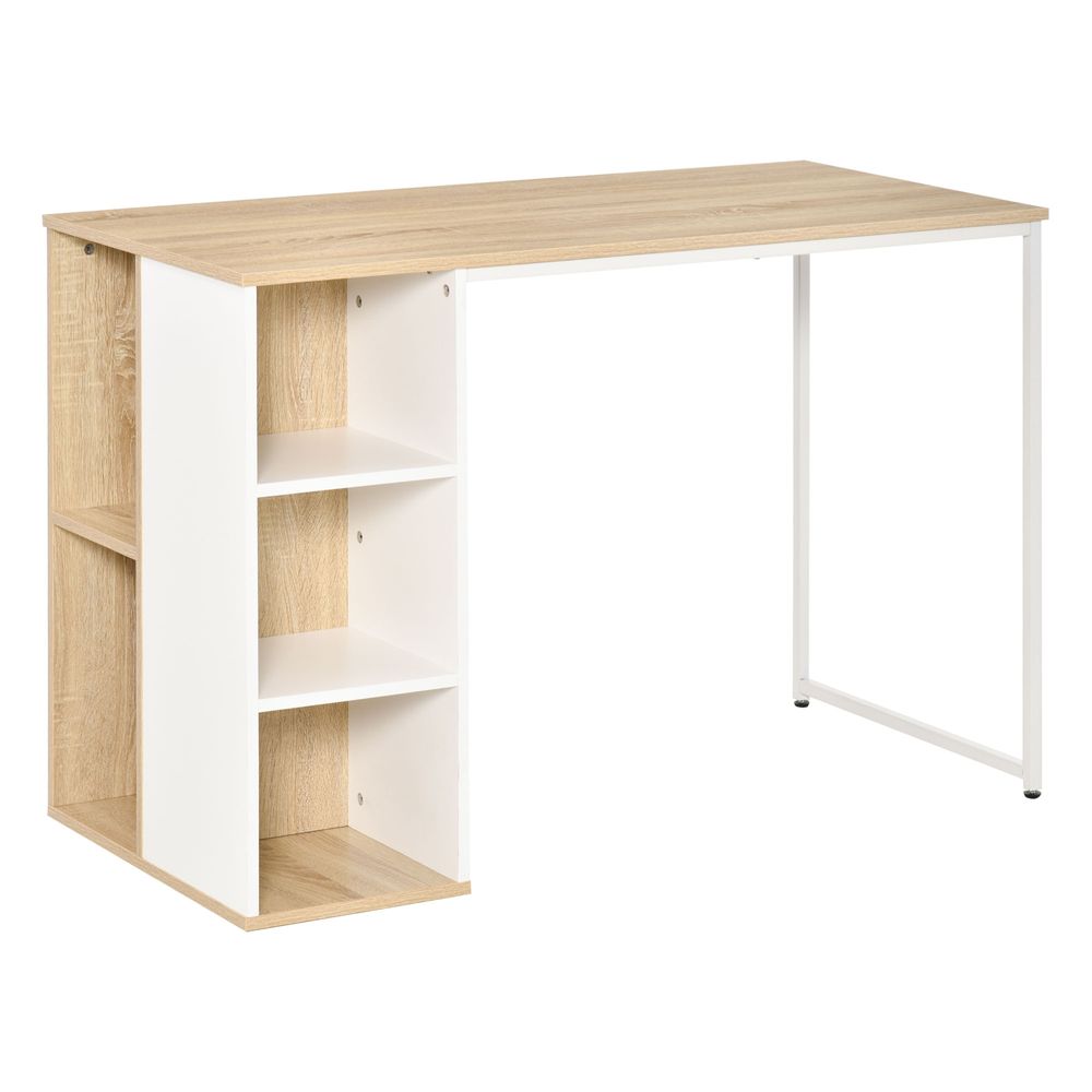 White and Oak Computer Desk with Multiple Storage Shelves
