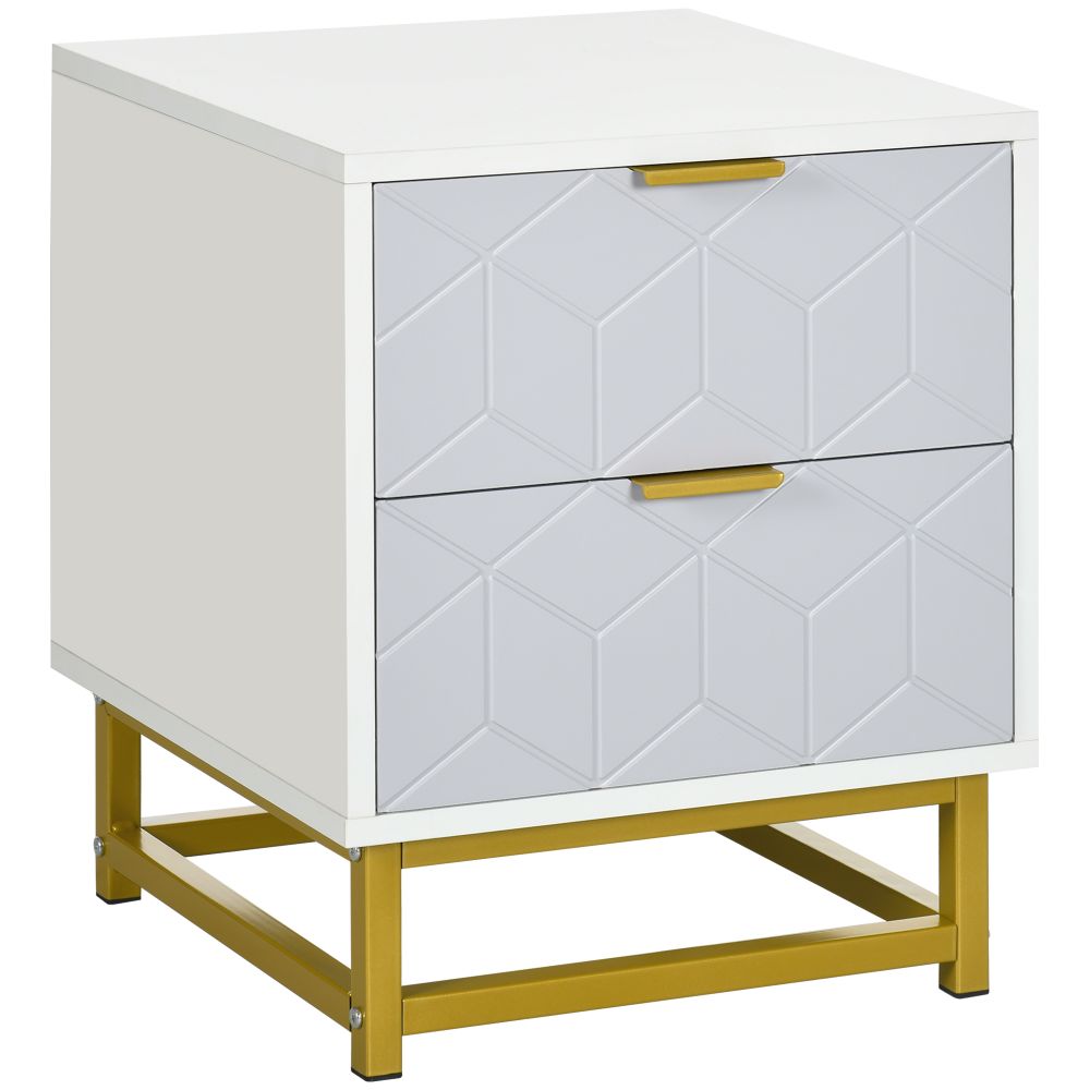 Modern Art Deco Theme Bedside Table with 2 Drawers & Gold Steel Frame