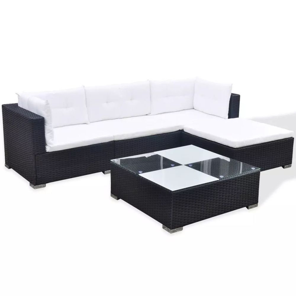 5 Piece Black Poly Rattan Garden Furniture Set with Cushions