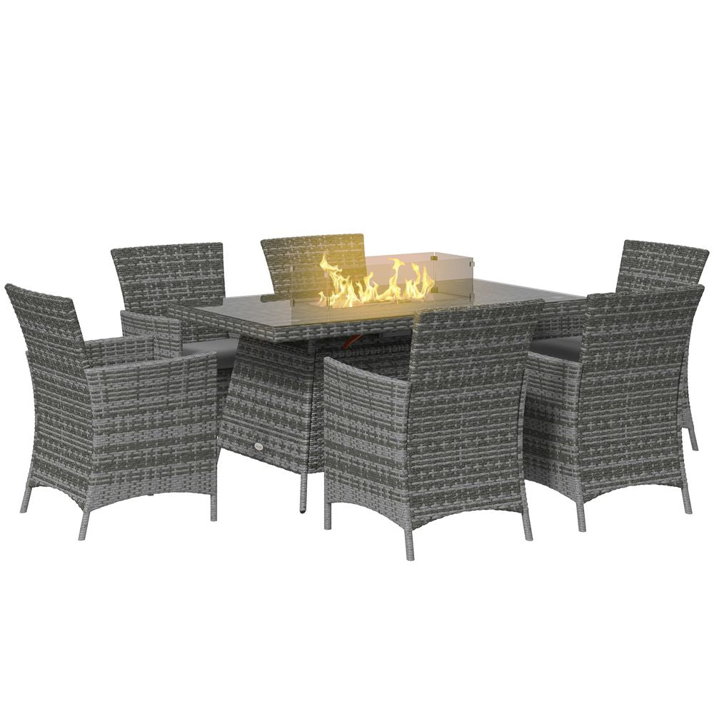 Outsunny 6-Seater PE Rattan Fire Pit Dining Set - Grey