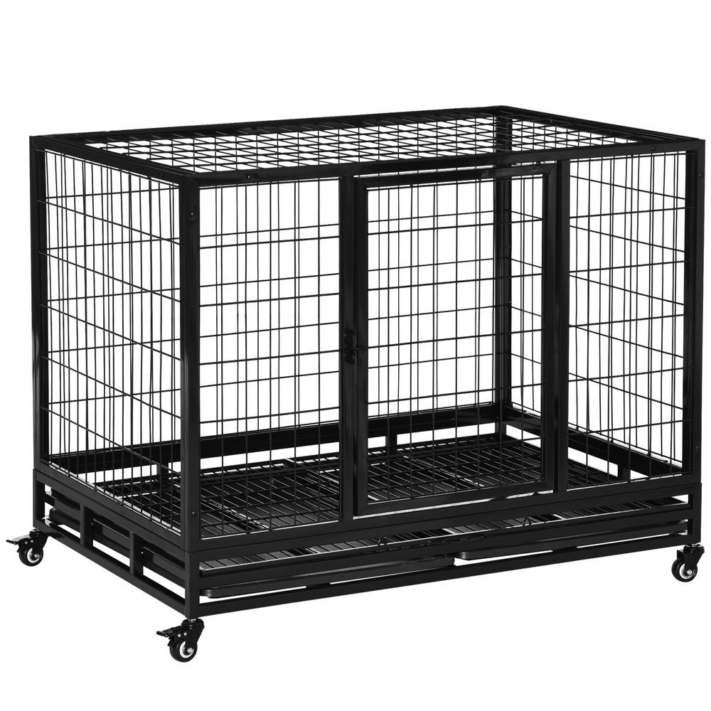Pawhut Large Black Metal Dog Crate with Wheels