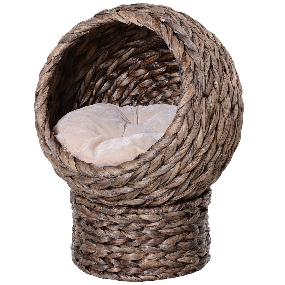 Raised Wicker Cat House with Cylindrical Base - Brown