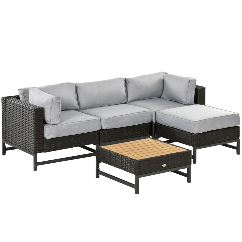 5pc Rattan Corner Sofa Set with Wood Grain Plastic Tabletop