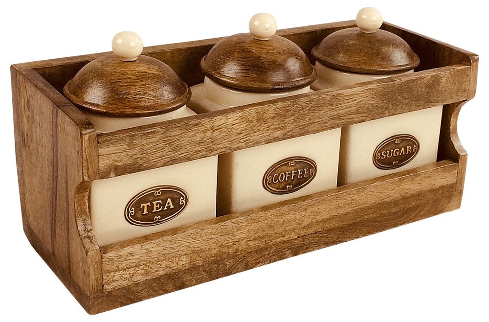Wooden Rack with 3 Ceramic Jars for Tea Coffee Sugar