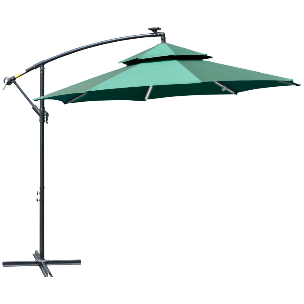 3m Green Cantilever Parasol with Double Roof and LED Solar Lights