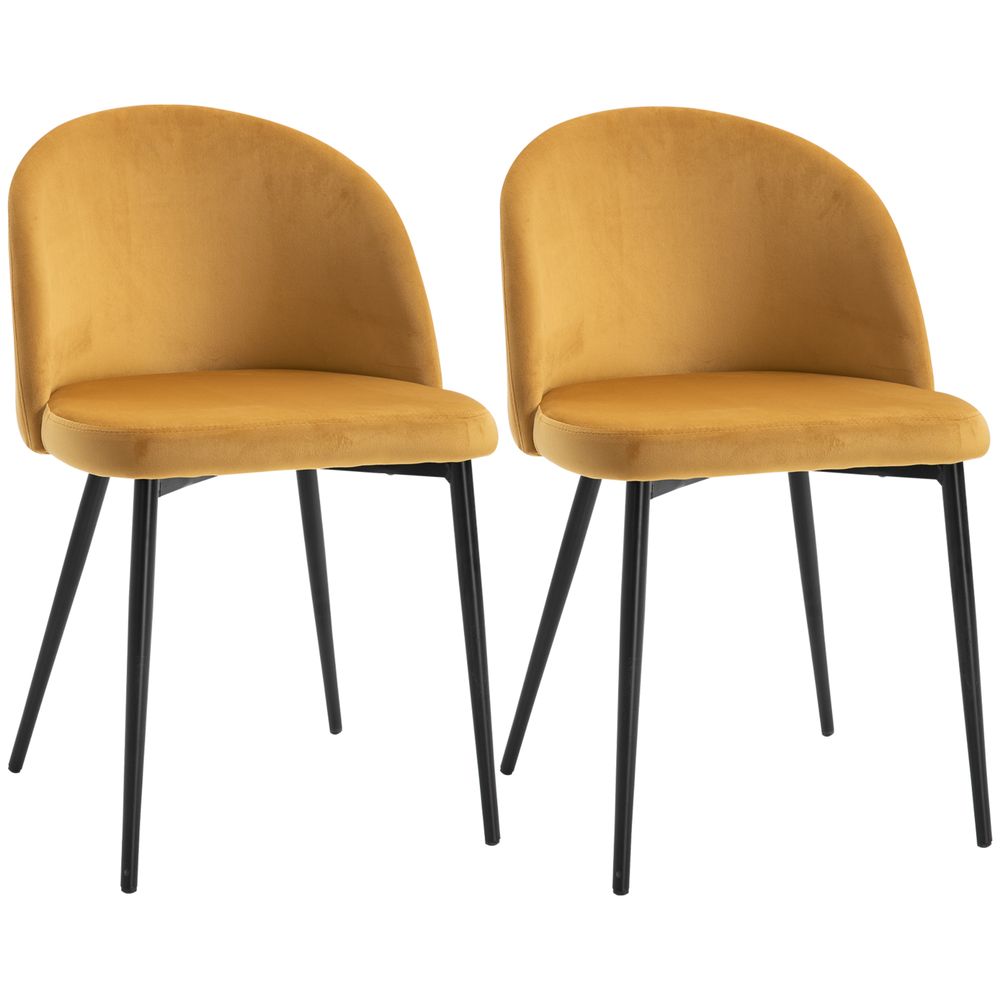 Faux Golden Yellow Velvet Dining Chairs with Curved Backs & Metal Legs