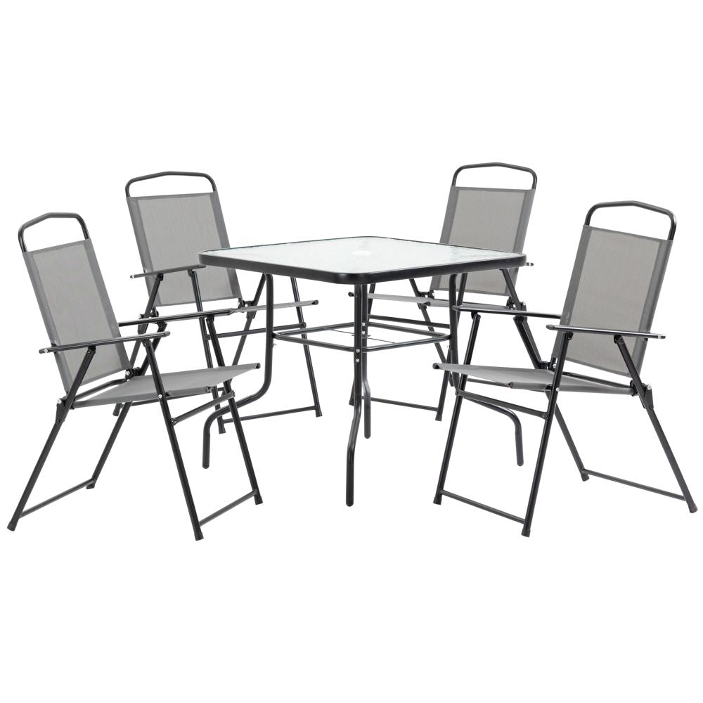 5Pc Black & Grey Garden Dining Set with 4 Chairs & Glass Top Table